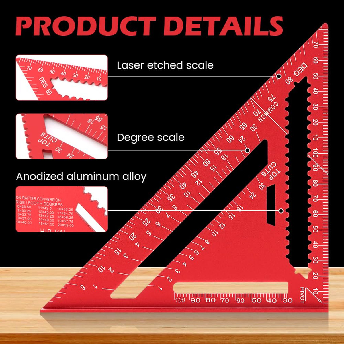 Woodworking Ruler - Penggaris Segitiga Presisi Tinggi dari Aluminium